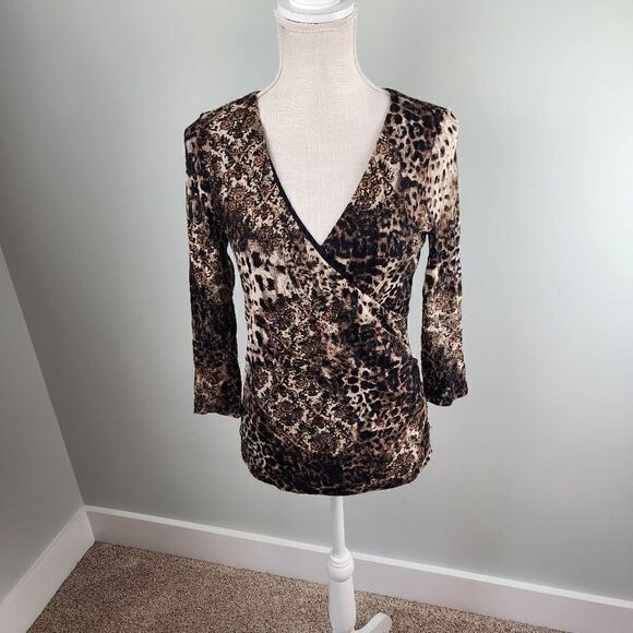 Chicos Women’s Animal Print Long Sleeve V Neck Wrap Blouse Top Size 0 Small - Picture 1 of 8